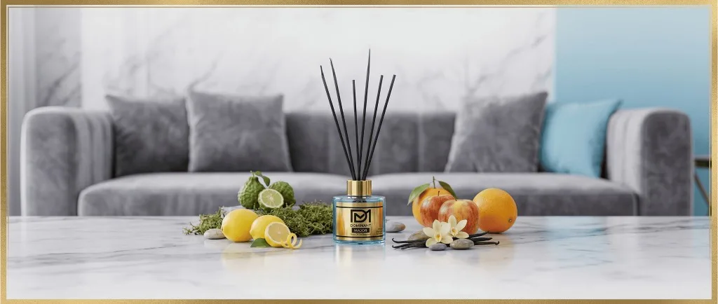 Dominant Major luxury home fragrance vitrin görseli — room spray, reed diffuser, scented candle ve car fragrance için ambient scent